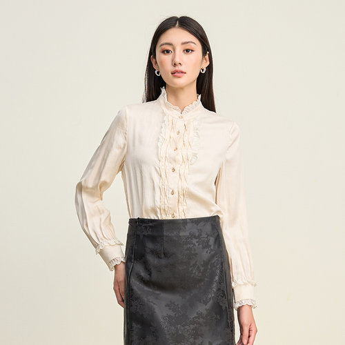 SOMSOM/索玛冬季新品蕾丝花边法式复古立领长袖甜美通勤衬衫