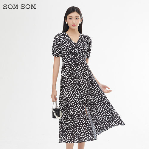 SOMSOM/索玛中长款雪纺连衣裙夏季法式V领印花开叉A字短袖茶歇裙