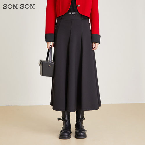 SOMSOM/索玛黑色休闲半身裙女高级感垂感大摆裙伞裙赫本风长裙冬