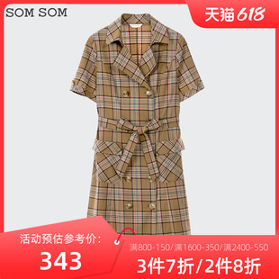 西装 气质休闲短袖 时尚 SOMSOM 裙减龄衬衫 索玛格子连衣裙女夏季 裙