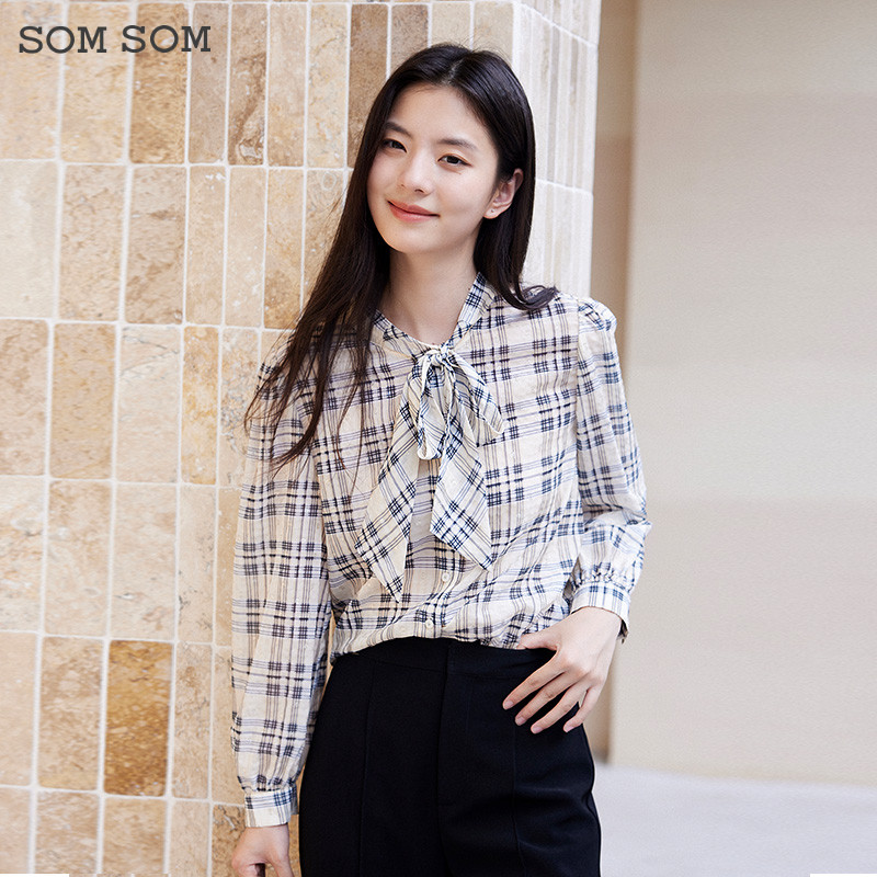 SOMSOM/索玛秋季商务气质直筒系带衬衫女长袖内搭中长款格子衬衣