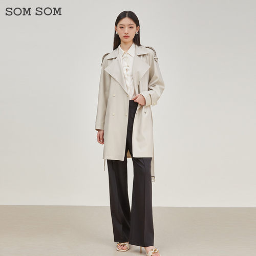 SOMSOM/索玛春季风衣外套女简约气质收腰西装领中长款双排扣上衣
