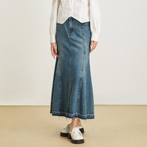 SOMSOM/索玛春季新品水洗钉钻设计款鱼尾裙摆休闲长款牛仔连衣裙