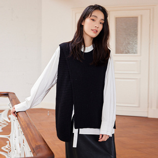 SOMSOM/索玛冬季新品圆领无袖粗织线开叉宽松针织马甲毛衣背心