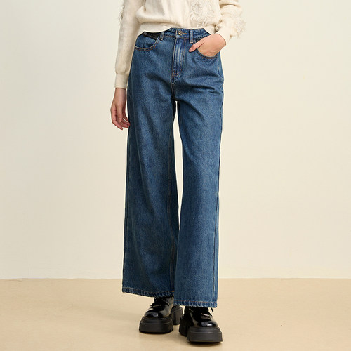 SOMSOM/索玛冬季新品纯色简约百搭直筒阔腿通勤长款休闲牛仔裤