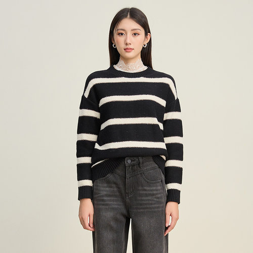 SOMSOM/索玛冬季新品黑白条纹圆领宽松慵懒风休闲长袖针织衫毛衣