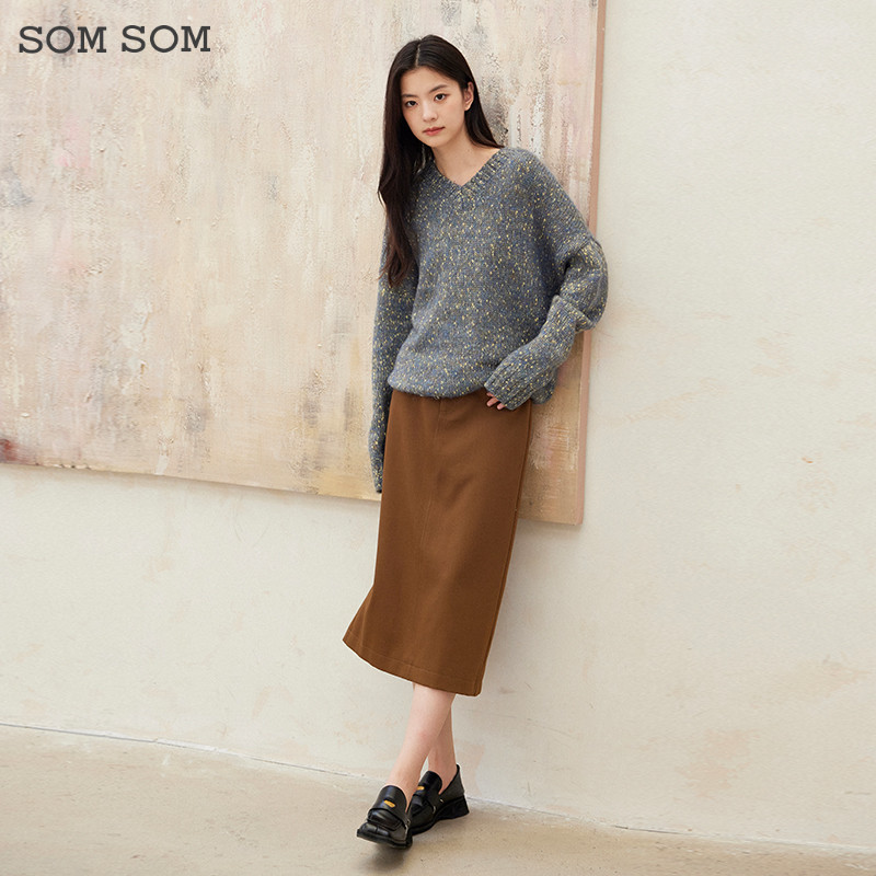 SOMSOM/索玛高腰简约深咖啡半身裙细带装饰扣优雅中长款显瘦A字裙