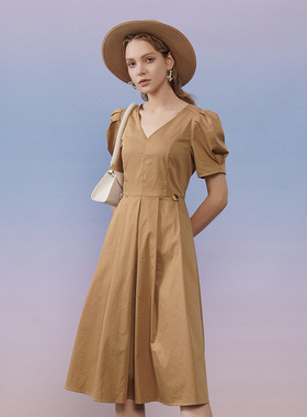 SOMSOM/索玛V领泡泡袖气质连衣裙薄优雅女装收腰A字裙子夏季22136