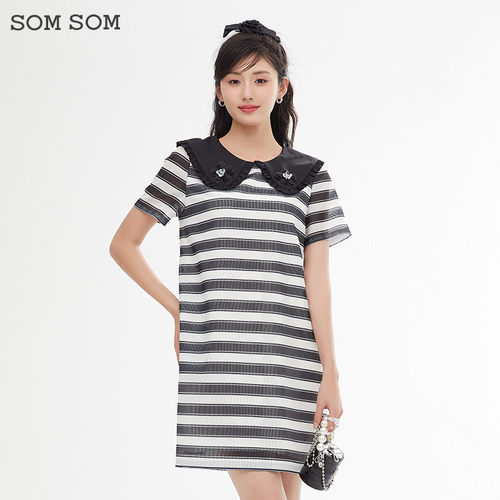 SOMSOM/索玛简约气质休闲条纹连衣裙女夏季娃娃领轻熟风短袖裙子