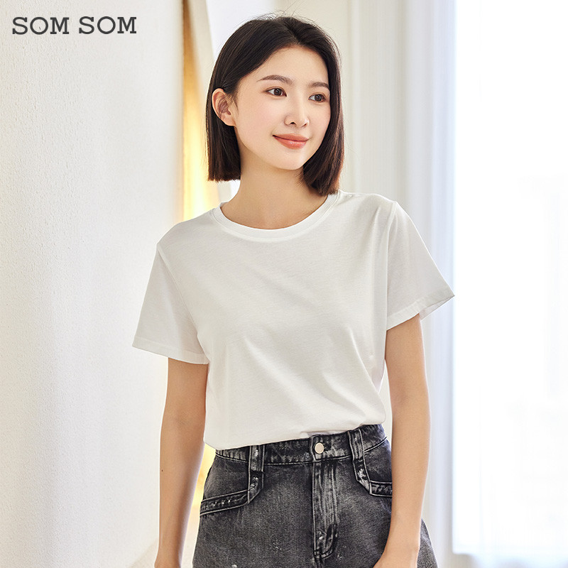 SOMSOM/索玛基础款正肩棉质短袖T恤女夏季圆领显瘦薄款桑蚕丝上衣