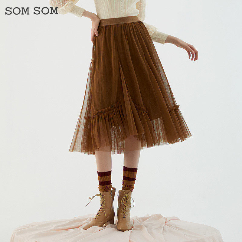 SOMSOM/索玛冬季网纱裙女秋冬季半身裙高腰显瘦中长款大摆裙子女