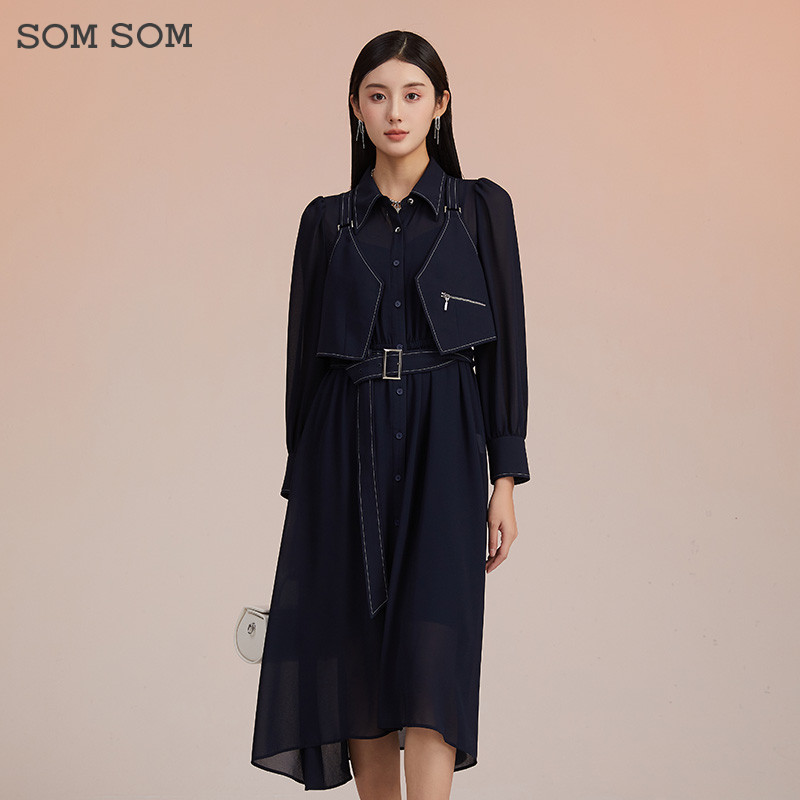 SOMSOM/索玛吊带裙高级连衣裙法式衬衫裙中长款设计感小众两件套