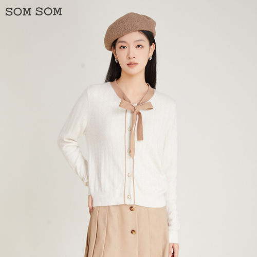 SOMSOM/索玛撞色蝴蝶结设计感百搭针织开衫女秋冬系带内搭V领毛衫
