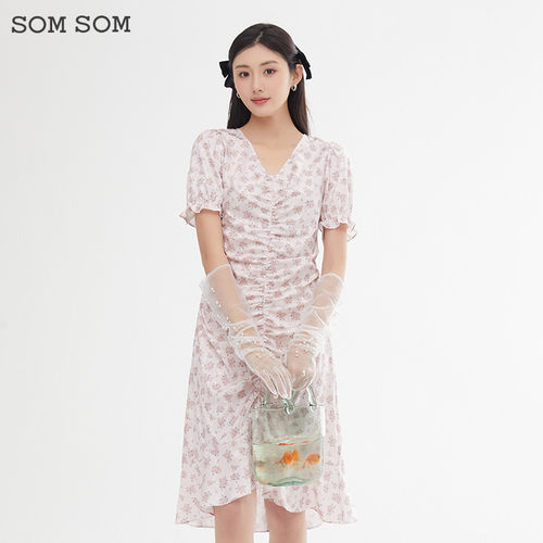 SOMSOM/索玛碎花短袖连衣裙女夏季法式高级感轻熟风不规则裙子薄