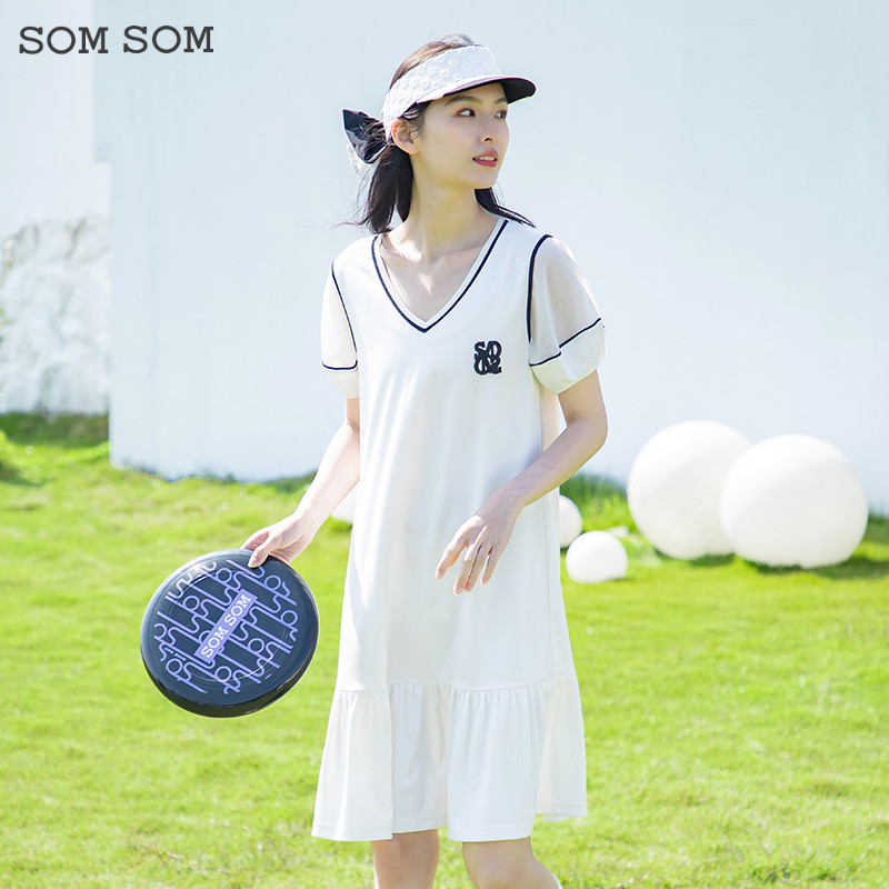 SOMSOM/索玛v领短袖雪纺连衣裙女夏季鱼尾裙中长款学院风裙子薄款