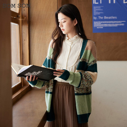 SOMSOM/索玛拼色条纹针织衫秋装女秋冬季提花长袖V领百搭开衫外套