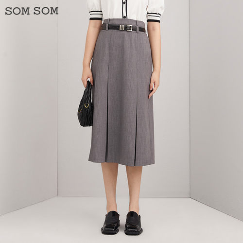 SOMSOM/索玛灰色百褶半身裙女春秋季减龄前开叉压褶高级感A字裙子