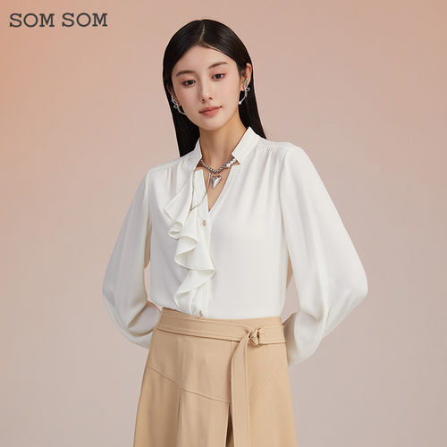 SOMSOM/索玛春季法式V领长袖小衫女荷叶边甜美减龄长袖雪纺衫上衣