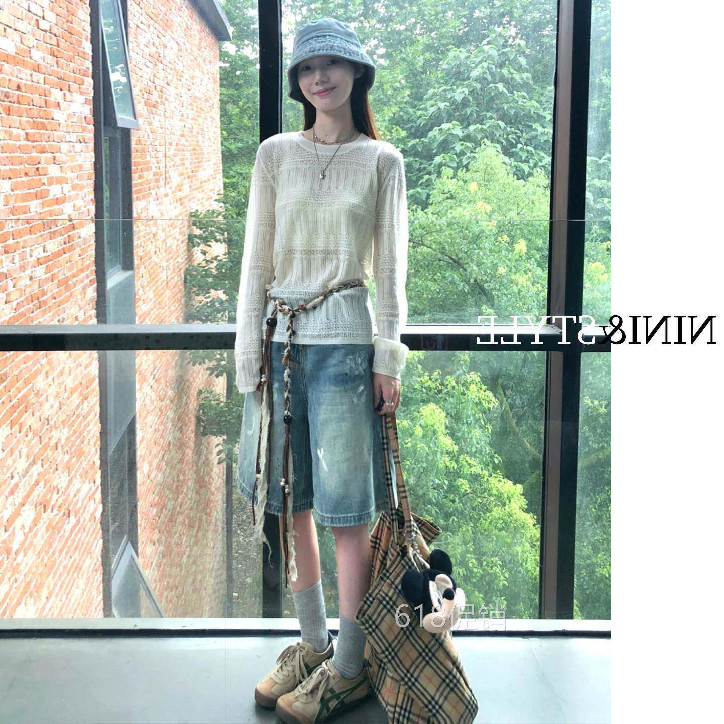 美式复古泼墨阔腿五分牛仔裤女2026夏季新款薄款直筒中裤宽松短裤
