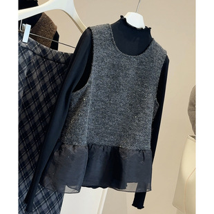 亮片针织马甲女半高领打底衫两件套女2025秋冬新款名媛风时尚套装