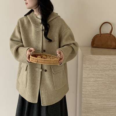 秋冬新款双面羊绒大衣宽松女盘扣连帽中长款小个子羊毛呢外套