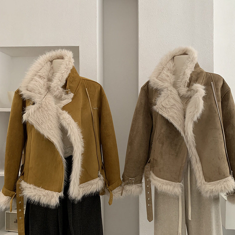 欧玛莱 加绒加厚麂皮绒机车服2025冬季新款皮毛一体长袖外套 5655