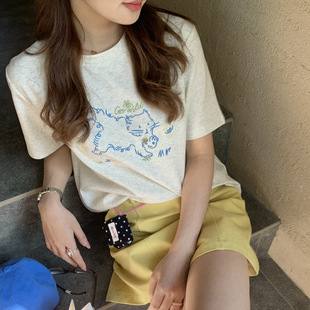 SUSAN 2025韩系刺绣上衣新款 圆领刺绣套头正肩短袖 t恤女夏季