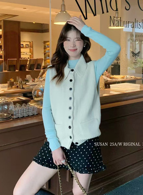 苏珊 2025新款纯色简约百搭翻领宽松针织休闲背心上衣女2335S