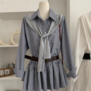 欧玛莱 格子衬衫裙宽松收腰显瘦秋季翻领长袖连衣裙配腰带女 4397