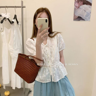 新款 蘇珊韓系V領(lǐng)系帶花朵刺繡短袖 小衫 女夏季 減齡百搭上衣TS083
