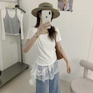 苏珊 韩系甜美蕾丝拼接短袖T恤女2026夏季新款宽松显瘦上衣3303S