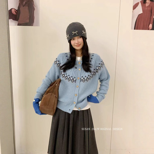 苏珊 女费尔岛提花毛衣减龄百搭针织外套1519S 秋冬圆领羊毛开衫