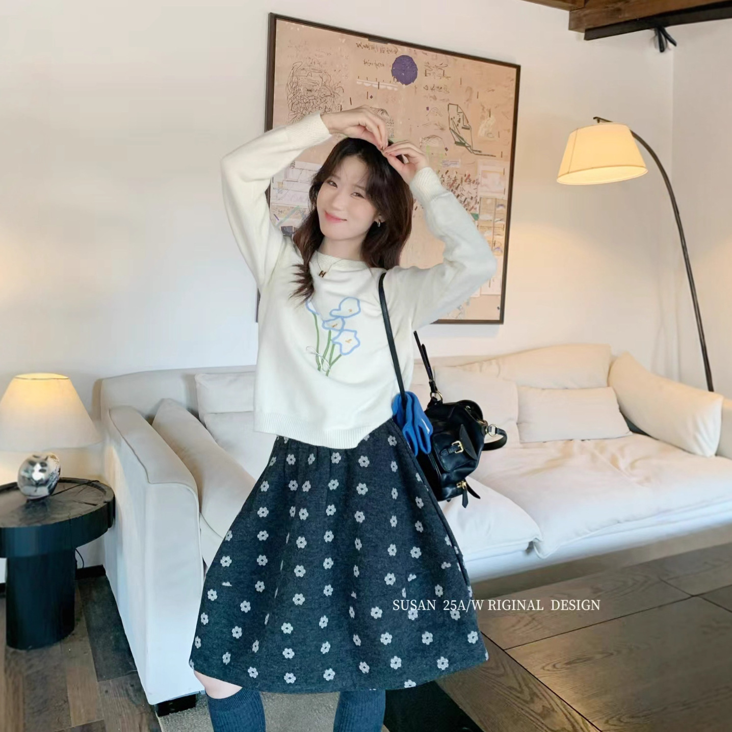 苏珊 2025秋冬新款减龄百搭花朵刺绣针织衫宽松套头毛衣女1888S