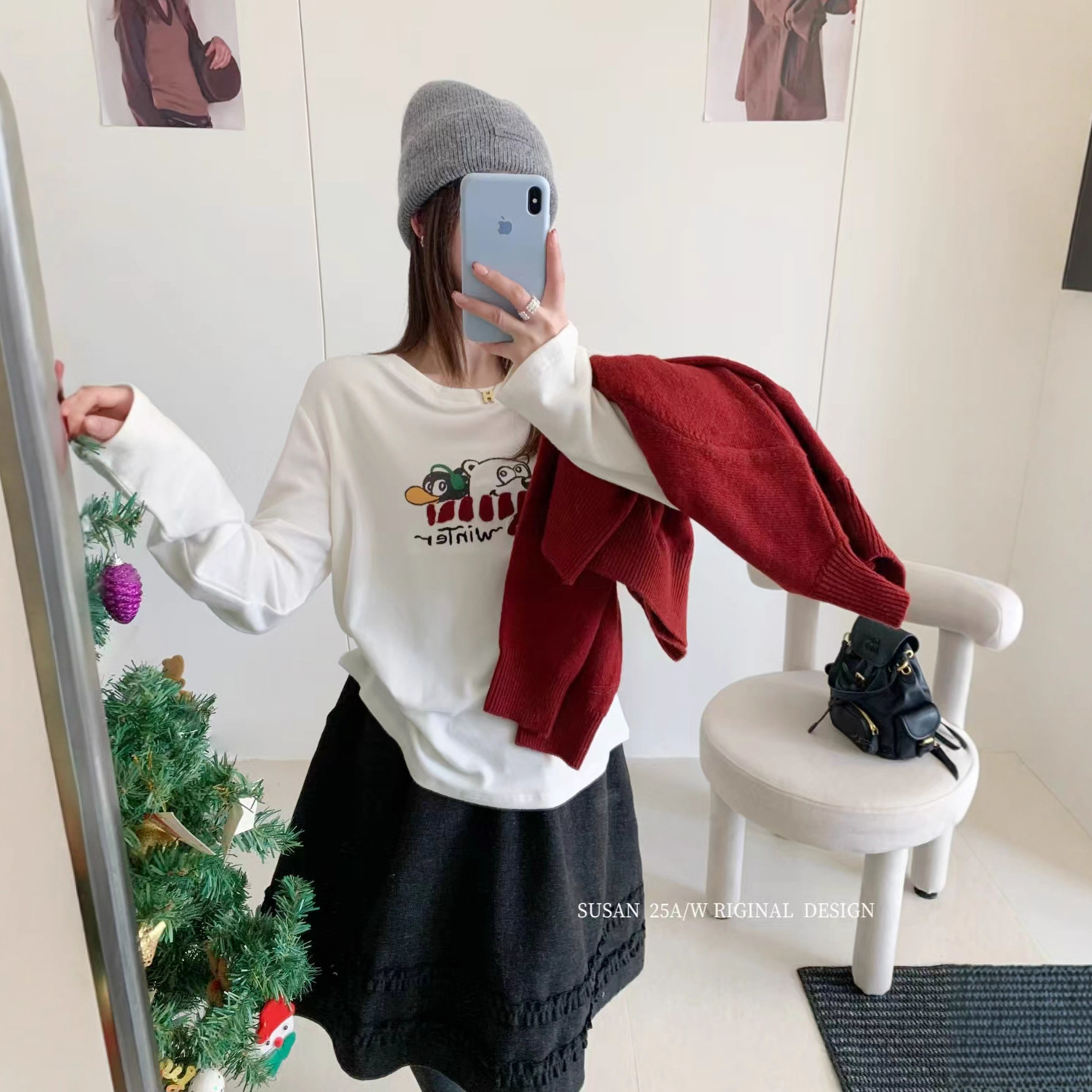 苏珊 2025秋冬新款卡通可爱印花宽松休闲小个子长袖T恤上衣1972S