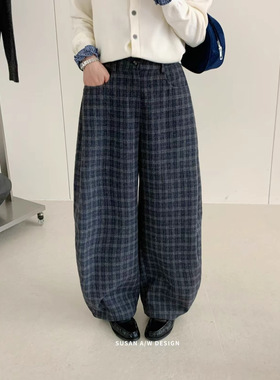 苏珊 2025秋季新款韩系百搭格子慵懒风阔腿裤休闲弯刀裤女DS292