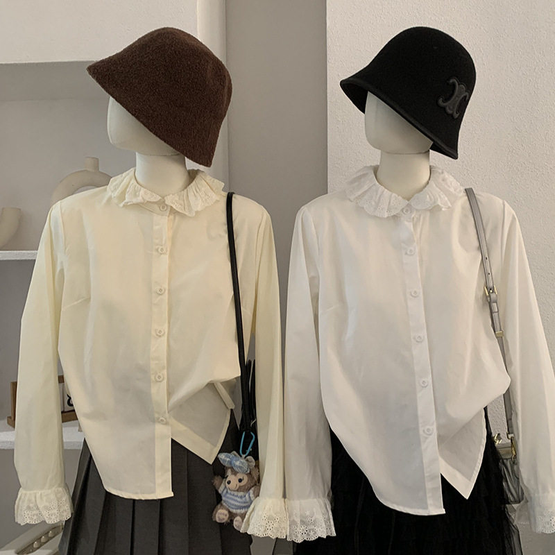 欧玛莱 花边领蕾丝拼接纯色喇叭长袖单排扣衬衫上衣春季女装 6139,女装/女士精品,衬衫,淘宝优惠券,粉丝福利购,淘宝优惠卷