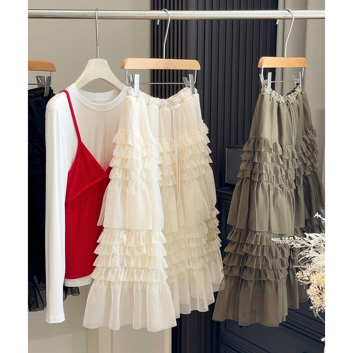 重工木耳边网纱松紧腰蛋糕中裙女春季新款韩系气质蓬蓬裙层层纱裙,女装/女士精品,半身裙,淘宝优惠券,粉丝福利购,淘宝优惠卷