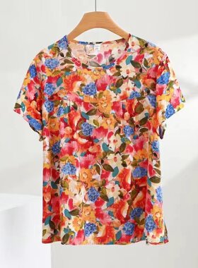 夏季老人套头短袖女装纯棉绸薄老太太宽松上衣外穿奶奶人造棉衣服