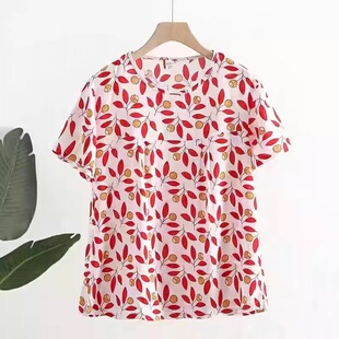 奶奶透气凉快t恤纯棉绸老太太夏天短袖衣服宽松大码老人碎花女装