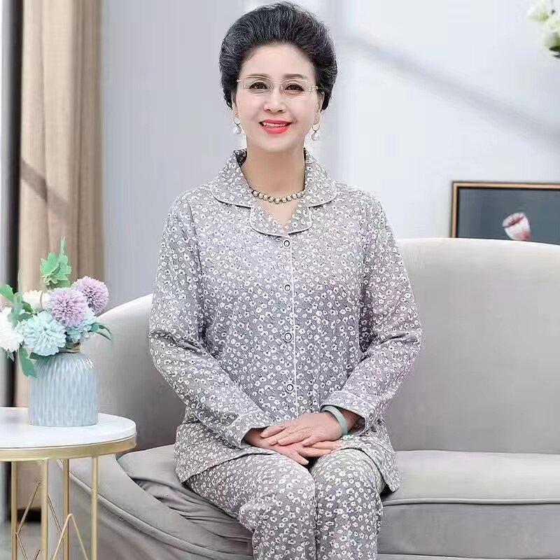 老人睡衣女夏长袖长裤套装老太太纯棉开衫外穿奶奶时尚t恤春秋款