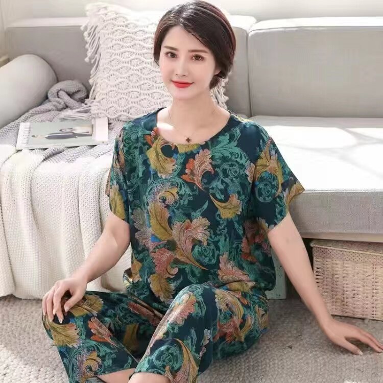 婆婆夏天空调睡衣女套头短袖七分裤两件套纯棉绸中老年妈妈装绵绸