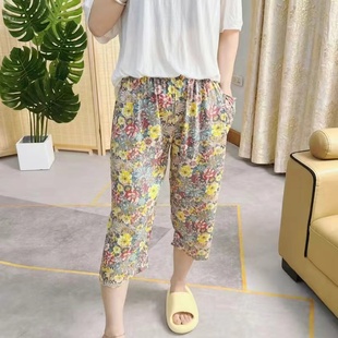 200斤老人居家中裤 老太太夏季 女特大码 七分裤 直筒 纯棉绸奶奶睡裤