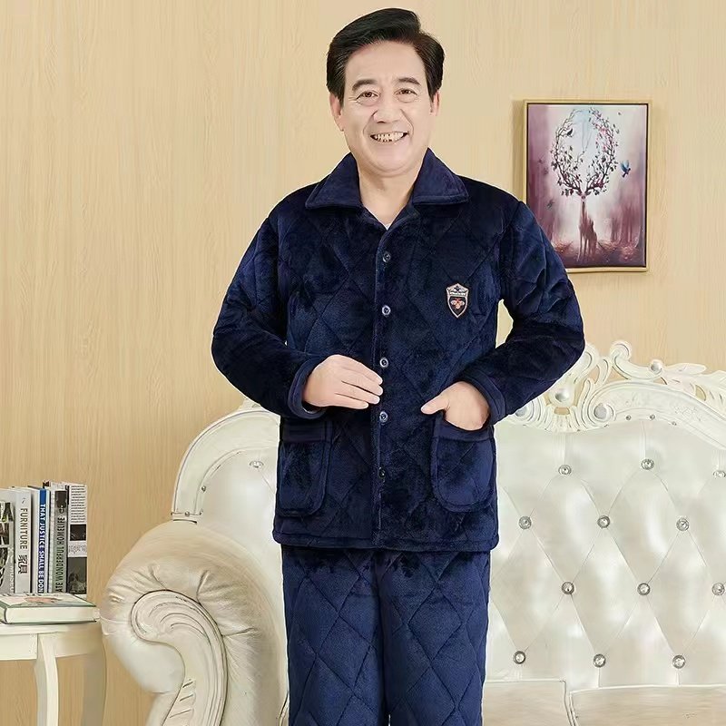 中老年三层加厚珊瑚绒夹棉袄男冬