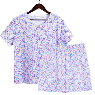 睡衣女夏607080岁奶奶家居服老太太纯棉开衫 短裤 碎花 短袖 老人薄款