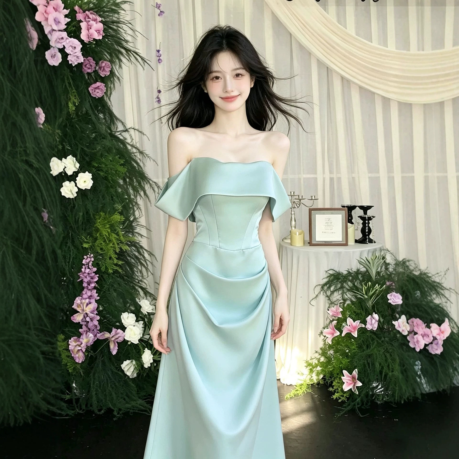 一字肩晚礼服女仙气生日公主裙成人礼主持人派对名媛艺考演出礼服图片