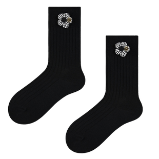 4双黑色立体花朵袜子女棉潮中筒珍珠山茶花网红短款秋冬配乐福鞋