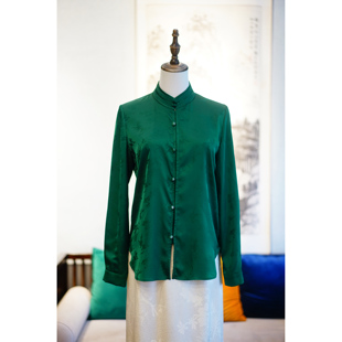 【青鸢】新中式国风春夏绿色精致提花气质短款中式衬衣