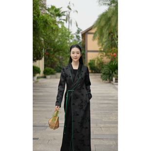【东方墨兰】秋季黑色暗纹提花新中式国风显瘦长款外套