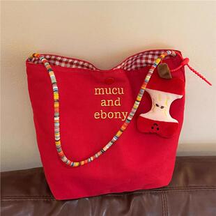 复古红色格纹帆布包韩版慵懒风大容量手提通勤双面单肩托特斜挎包