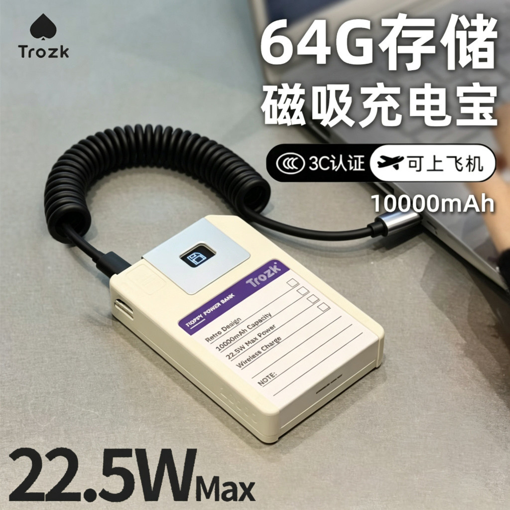 特洛克软盘充电宝无线磁吸卡带22.5W经典复古造型移动电源USB-C适用苹果13平板14华为小米iphone15可上飞机3C